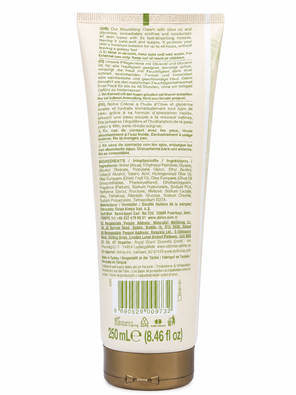 Dalan d'Olive Fast Absorbing Nourishing Cream with Pure Olive Oil – 250 mL