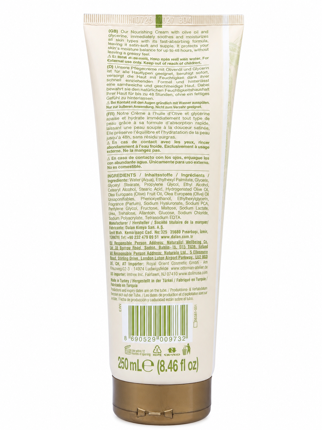 Dalan d'Olive Fast Absorbing Nourishing Cream with Pure Olive Oil – 250 mL