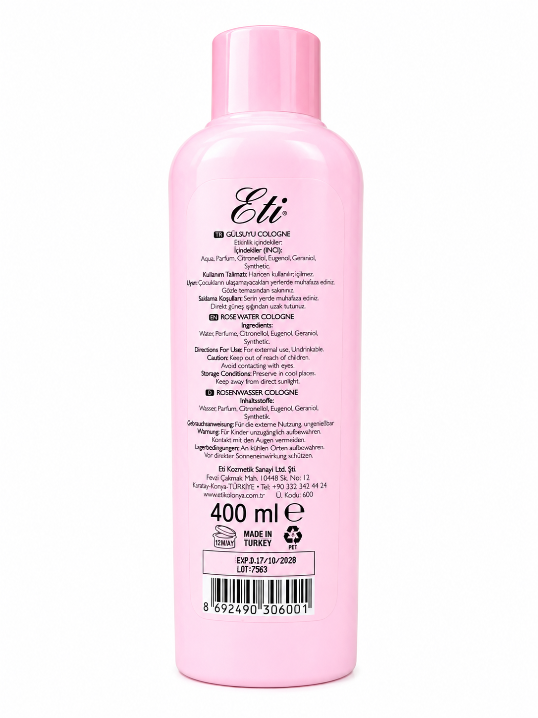 Eti Rose Water Cologne (Gül Suyu) – 400 mL