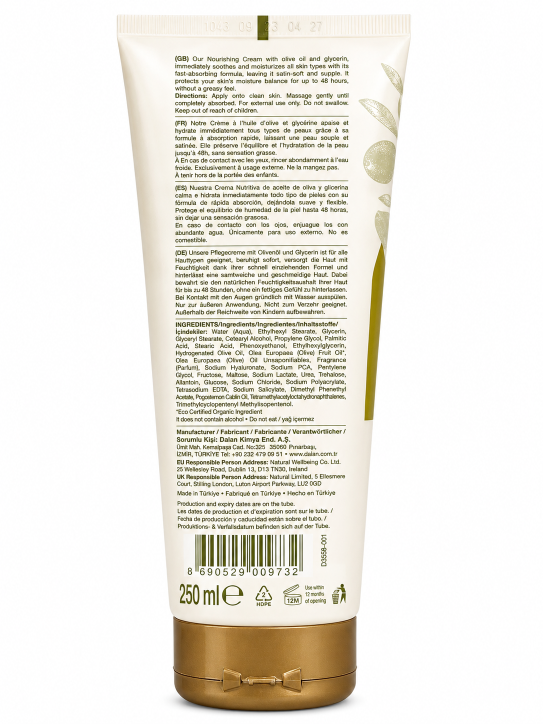 Dalan d'Olive Nourishing Cream with Organic Olive Oil 95% – 250 mL